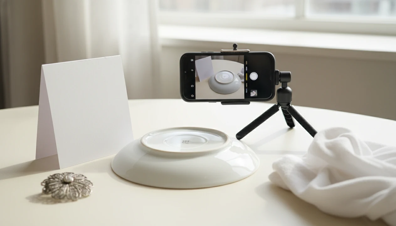 A smartphone on a small tripod photographs a porcelain maker mark in soft window light.