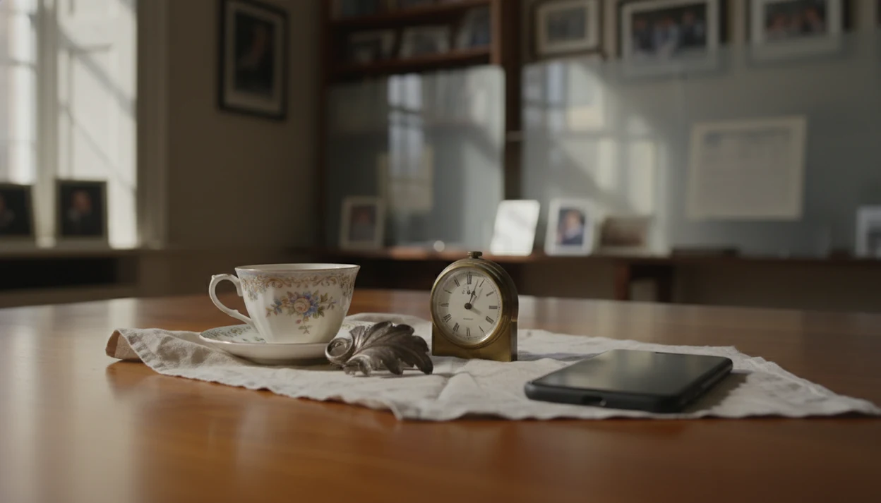 Antique objects prepared for app upload with blurred estate details in the background.