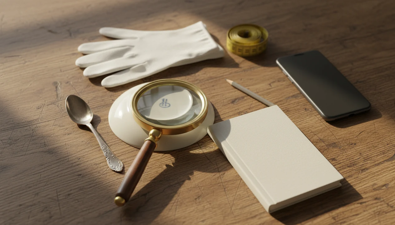 An antique identification workspace with old objects, magnifying glass, gloves, notebook, and a phone camera.