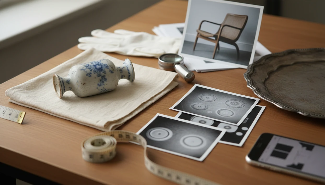 An antique identification workspace with a vase, silver tray, photos, loupe, gloves, and research tools.