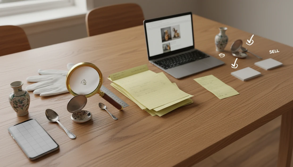 Antique objects, a magnifying glass, ruler, receipt, and phone arranged as an identification workflow.