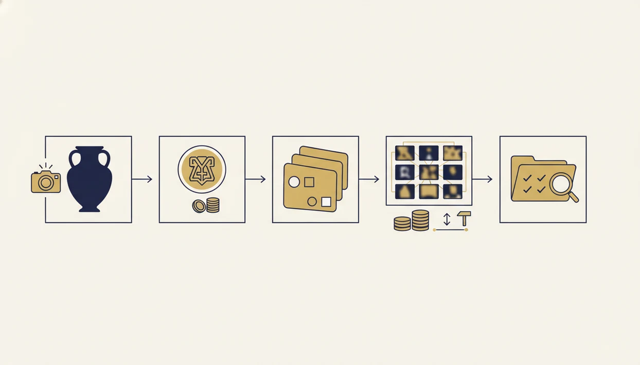 A six-panel visual workflow shows photographing, checking marks, comparing matches, and reviewing value clues.
