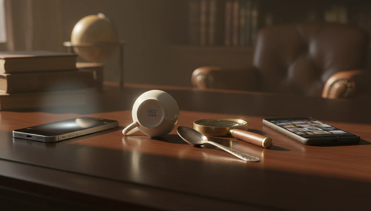 An antique teacup, magnifying glass, and two phones suggest comparing app identification with visual search.