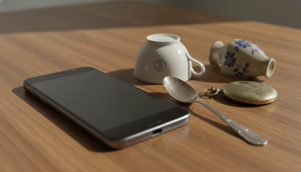 An Android phone is arranged with porcelain, silver, and vintage objects ready for antique photo identification.