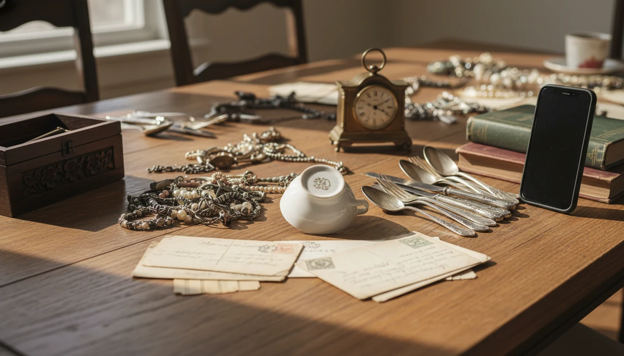 Estate sale items on a table with a phone ready to photograph a porcelain maker mark.