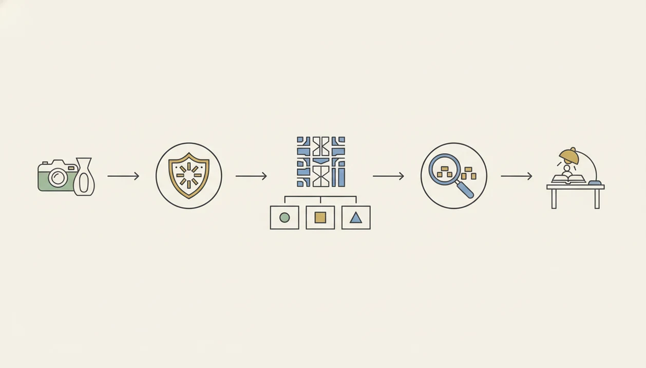 A simple six-step visual workflow shows photographing, matching, sorting, checking comps, and escalating items.