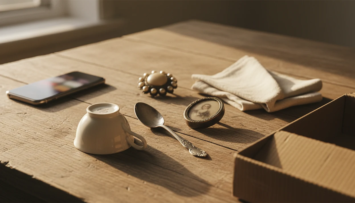 Inherited antiques are arranged on a kitchen table beside a phone for careful identification.