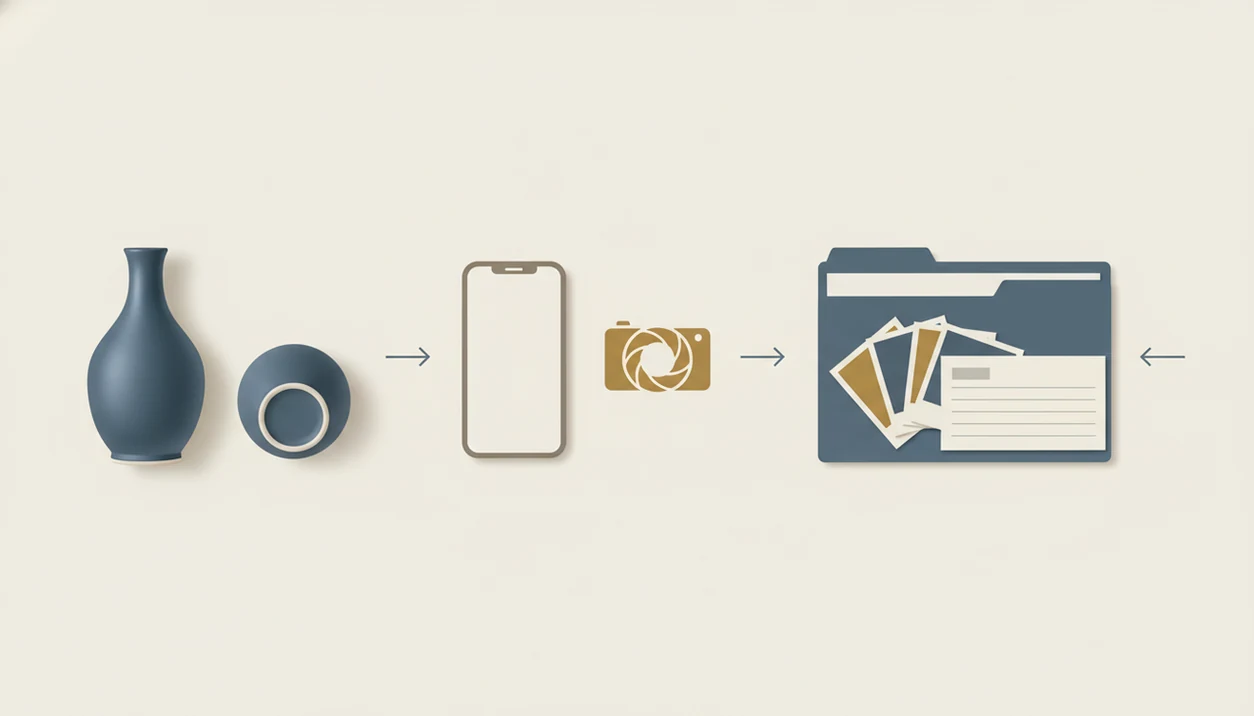 A visual workflow shows photographing an heirloom, checking details, and saving records together.