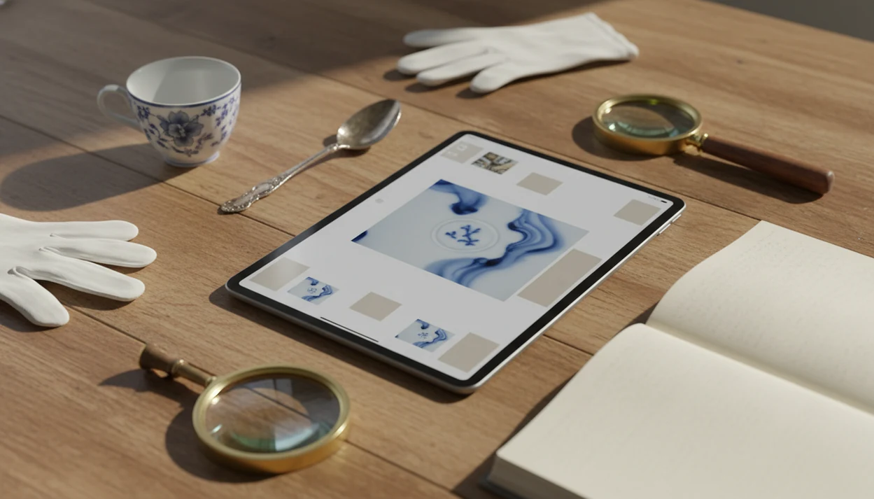 An iPad on a wooden table helps catalog antiques with photos, marks, and reference tools nearby.