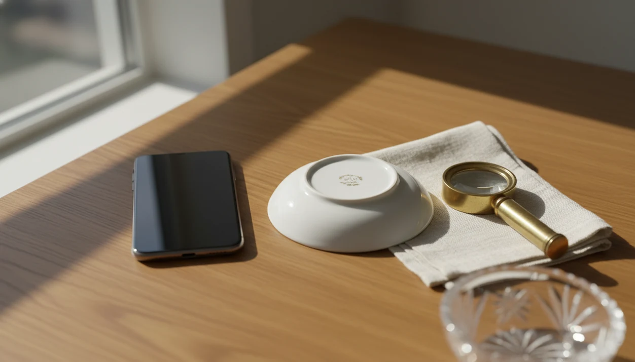 An iPhone beside an antique saucer, loupe, and vintage glass dish on a wooden table.