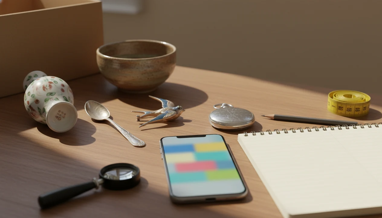 A reseller research table with antique finds, tools, and a phone ready for identification.