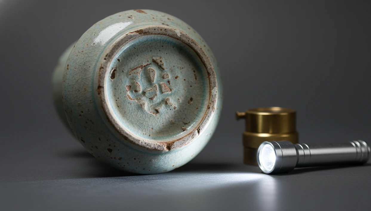 A close-up of an antique ceramic base showing wear, glaze, and an unreadable maker mark.
