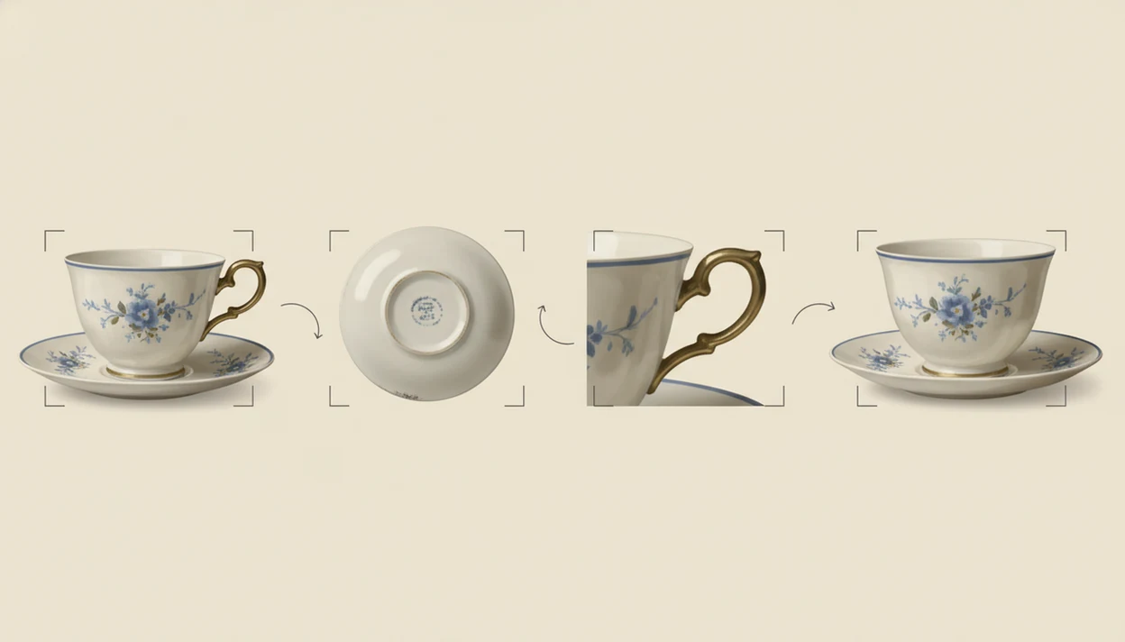 An illustrated scan checklist shows a teacup photographed from full view, maker mark, damage, and side angle.