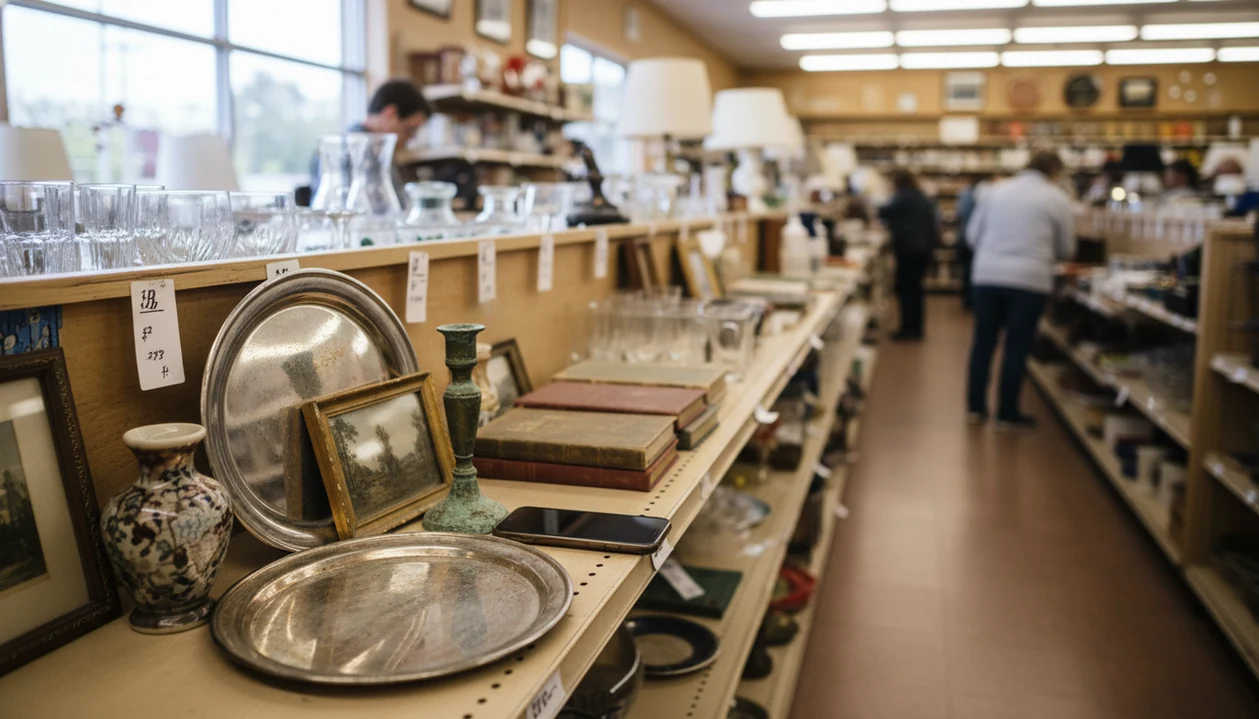 A smartphone rests beside vintage thrift store finds on a shelf of ceramics, brass, and framed art.