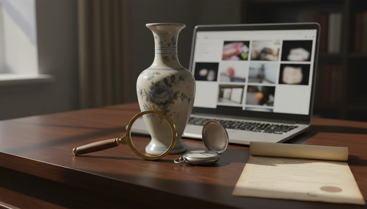 Antiques, a magnifying glass, and a blurred online listing suggest careful checks before buying.
