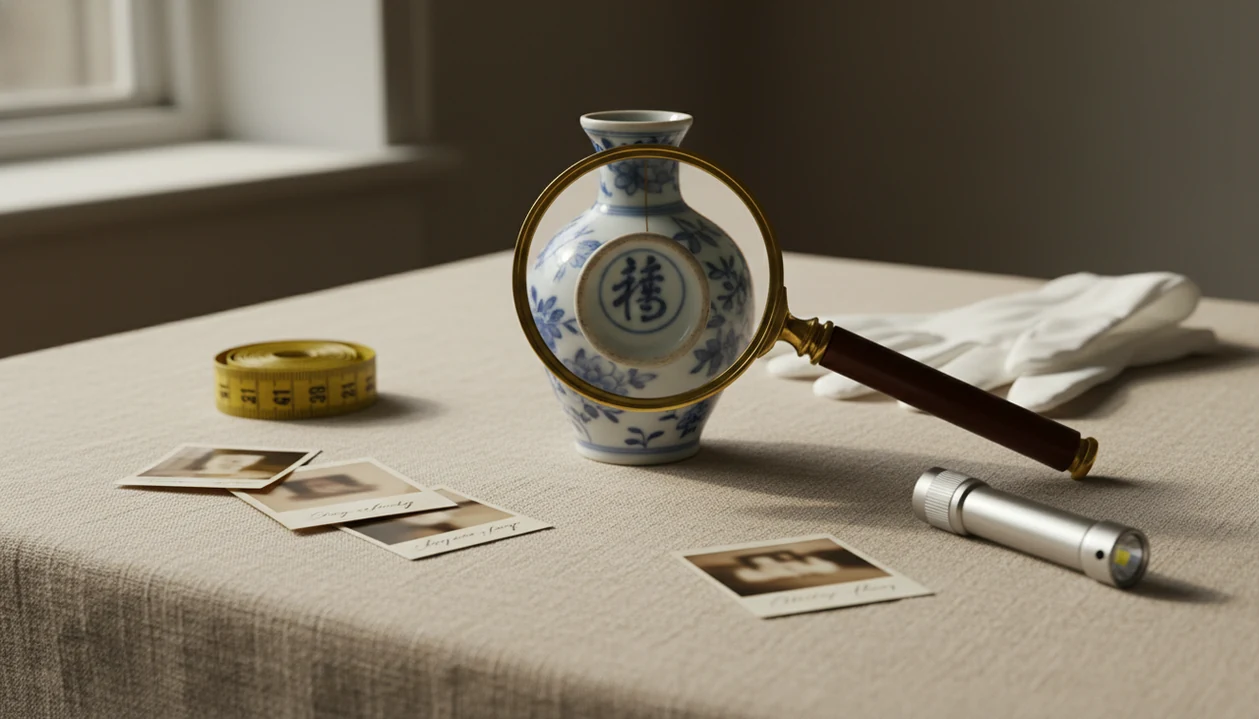 An antique vase is examined with a magnifying glass, photos, gloves, and measuring tools on a table.