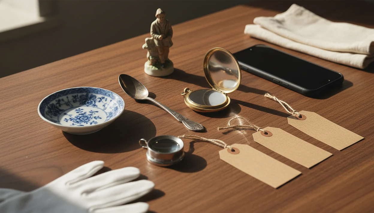 Antique objects, a loupe, blank tags, and a phone arranged on a wooden table for value research.