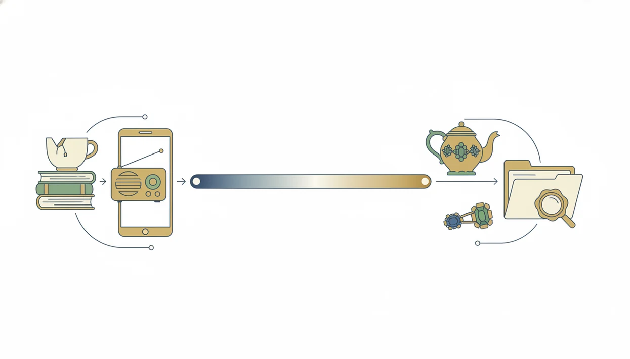 Illustration showing common antiques going to an app estimate and rare items going to appraisal.