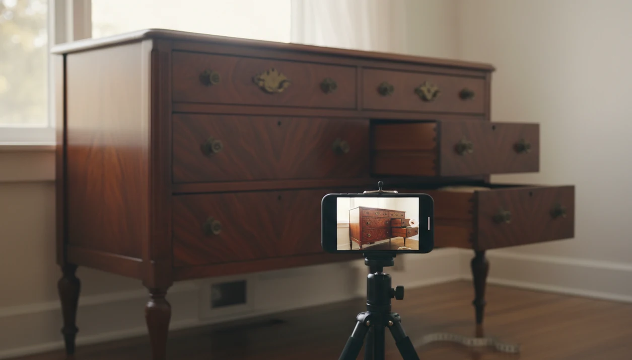 A phone photographs a vintage wooden dresser with visible hardware, joinery, and style details.