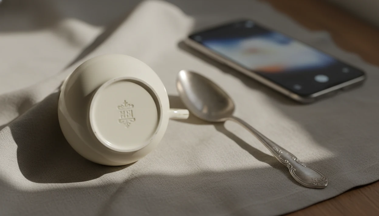 A close-up of antique marks on porcelain and silver beside a phone used for visual research.