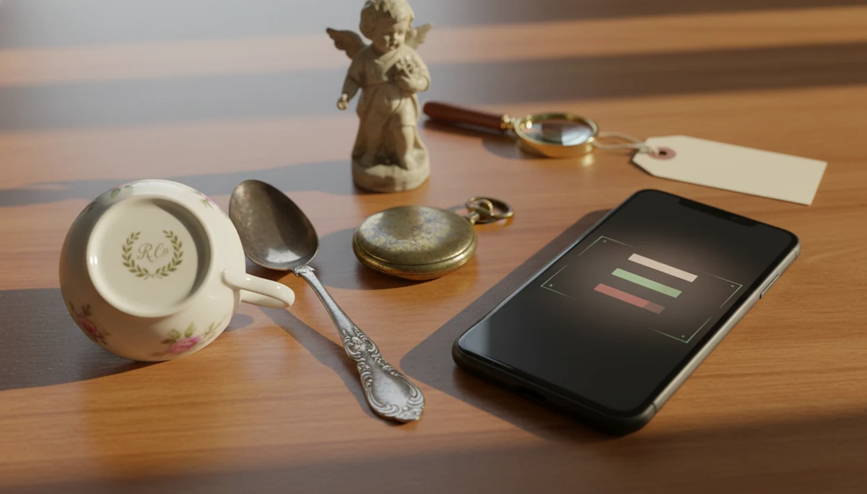 A smartphone analyzes antique objects on a wooden table beside a magnifying glass and blank tag.