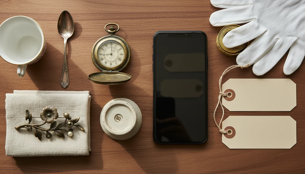 A tabletop of antiques, tags, gloves, and a phone arranged for cataloging photos and notes.