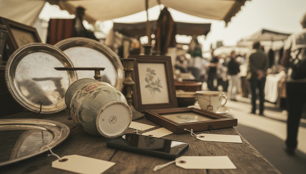 A smartphone rests beside vintage flea market items ready for quick maker mark research before buying.