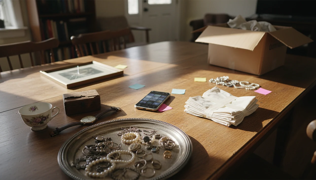 Estate items arranged on a table with a phone, sticky tabs, antiques, and donation boxes for sorting.