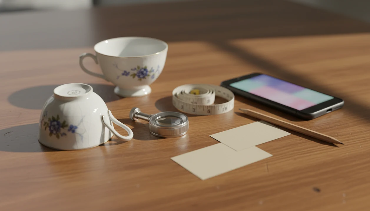 An antique teacup with a maker mark sits beside a loupe, measuring tape, and blurred phone screen.