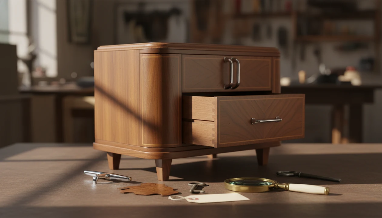 An Art Deco cabinet is shown with its drawer open, highlighting veneer, hardware, and construction clues.