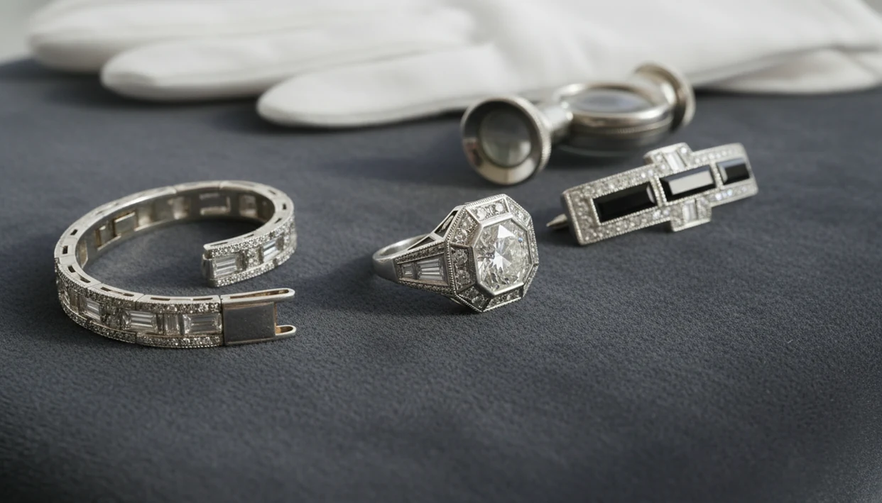 Art Deco style ring, brooch, and bracelet arranged with a jeweler’s loupe for close identification.