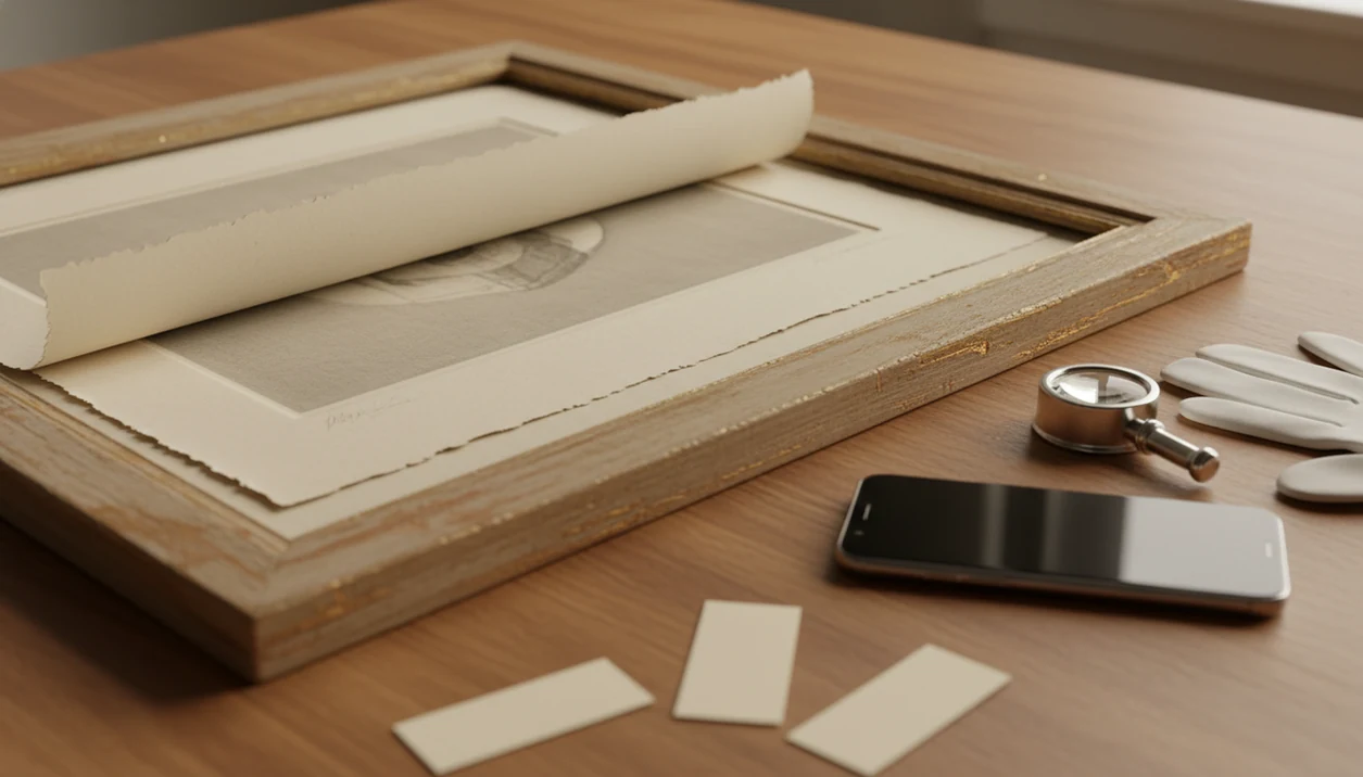 An old art print on an archival table with a smartphone, loupe, gloves, and faint unreadable marks.