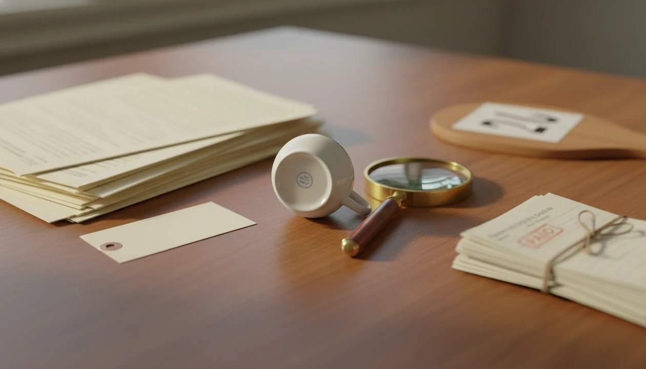 Antique teacup research table comparing listing sheets with completed sale records and a magnifying glass.