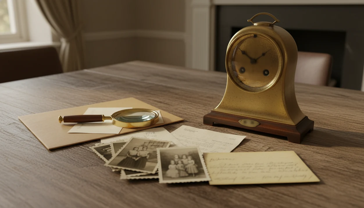 An antique mantel clock sits with old photos, receipts, letters, and a magnifying glass for provenance research.