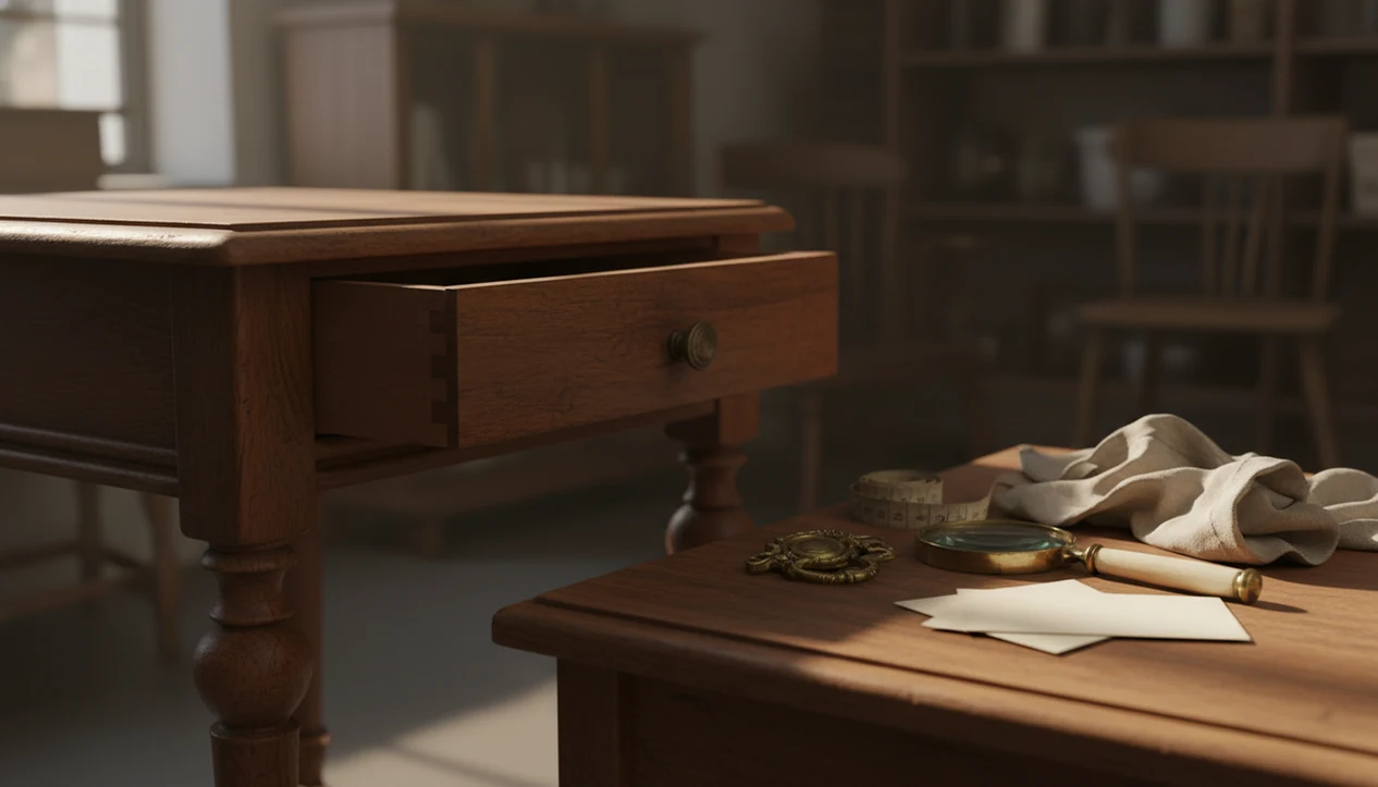 An antique side table is examined with a magnifying glass, tape measure, and visible drawer joinery.