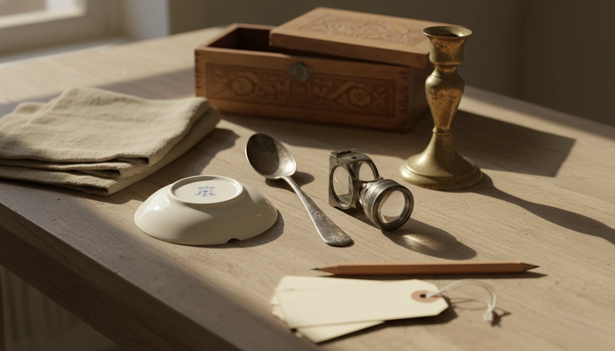 A careful antique-sorting table with a loupe, silver spoon, porcelain mark, tags, and old household objects.