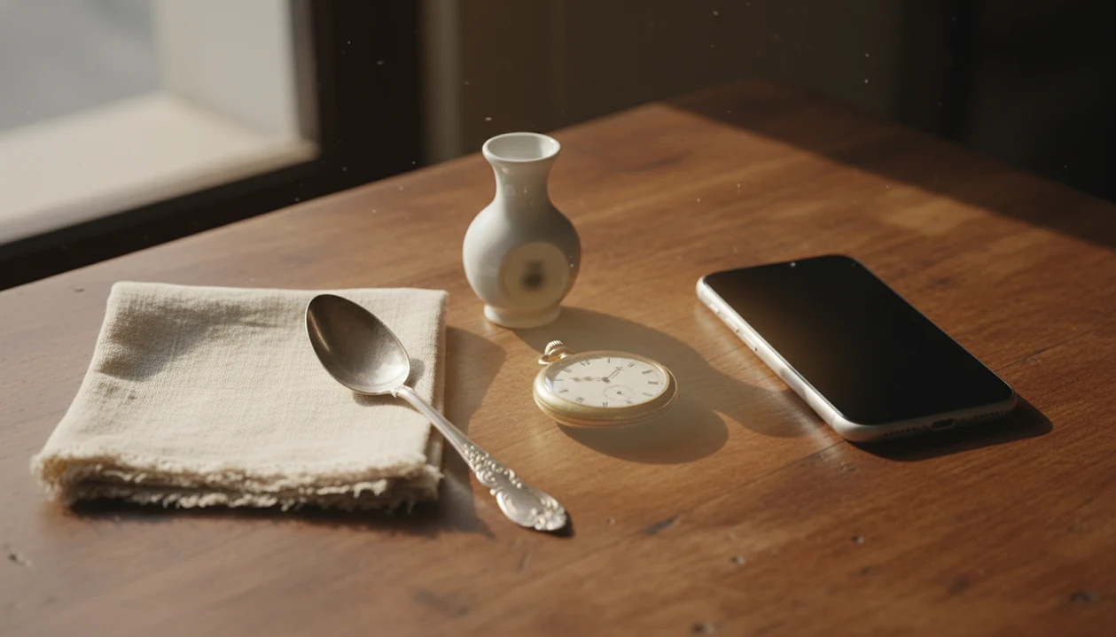 A phone scans vintage objects on an antique shop table with marks, metalware, and porcelain nearby.