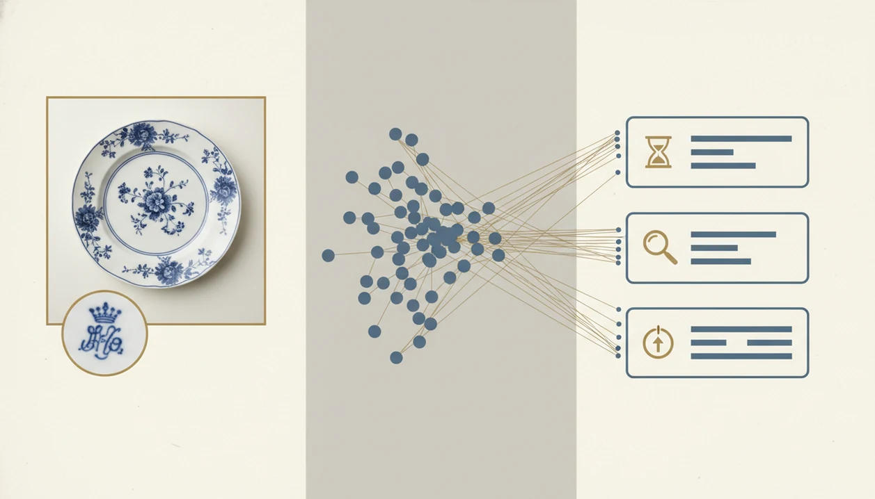 A clean diagram shows an antique photo and mark flowing through AI matching into result cards.