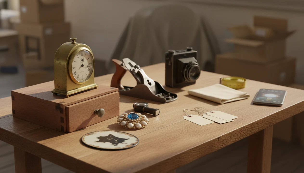 A workbench displays small antiques, tools, jewelry, and a phone for researching profitable flips.