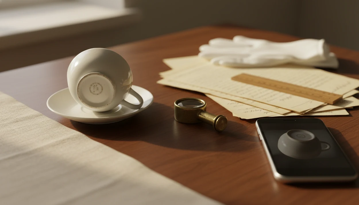 An antique teacup, loupe, gloves, papers, and phone suggest AI research cannot replace expert authentication.