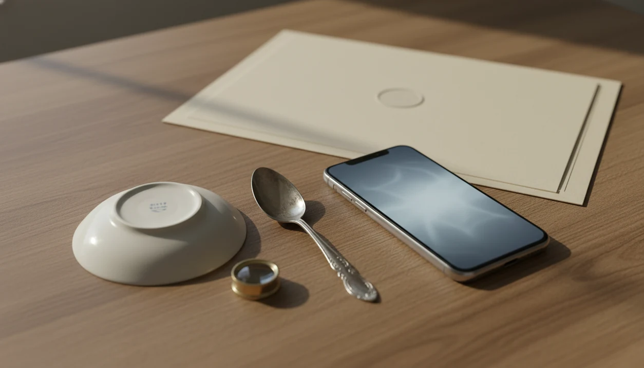 An antique saucer, loupe, smartphone, and appraisal papers arranged on a wooden table.