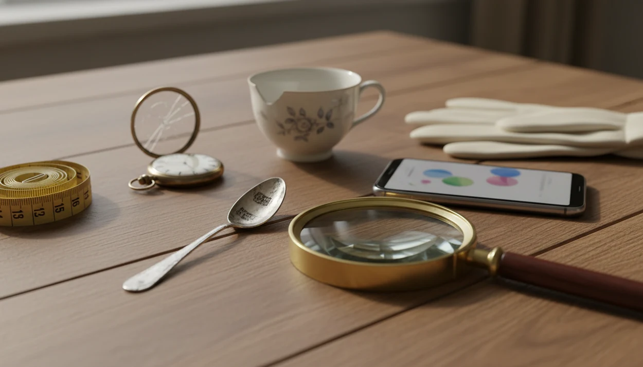 Antique objects, a magnifying glass, gloves, and a phone arranged for careful value research.