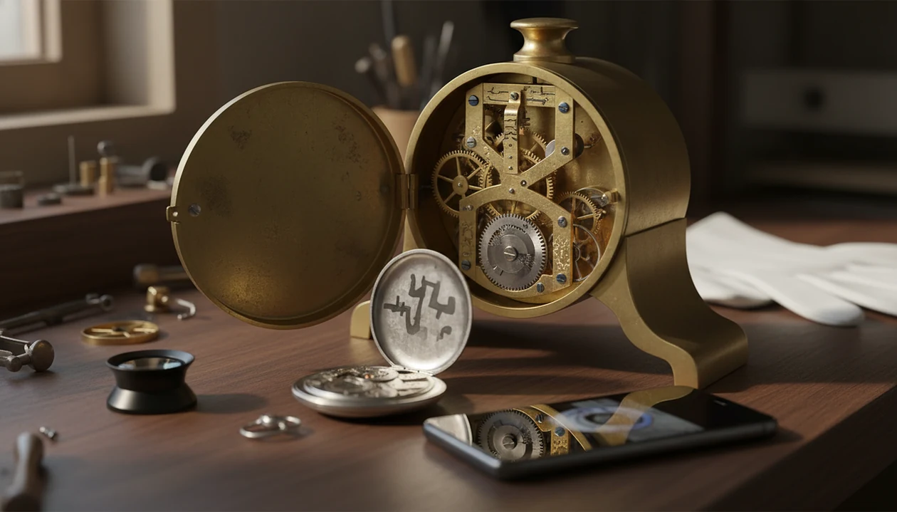 An antique clock movement, pocket watch, loupe, and phone arranged for maker identification research.