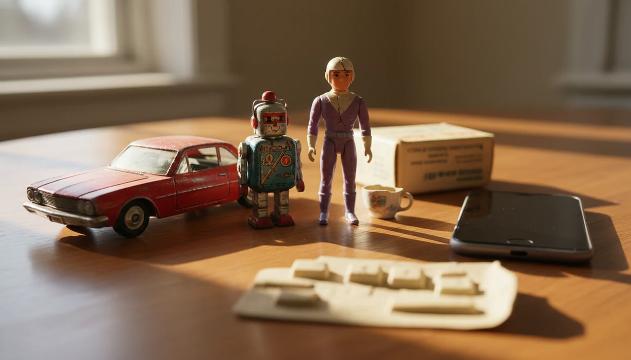 Vintage collectible toys and a smartphone are arranged on a table for photo-based identification.