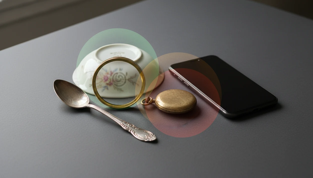 Antique objects, a magnifying glass, and a phone suggest uncertain AI identification confidence levels.