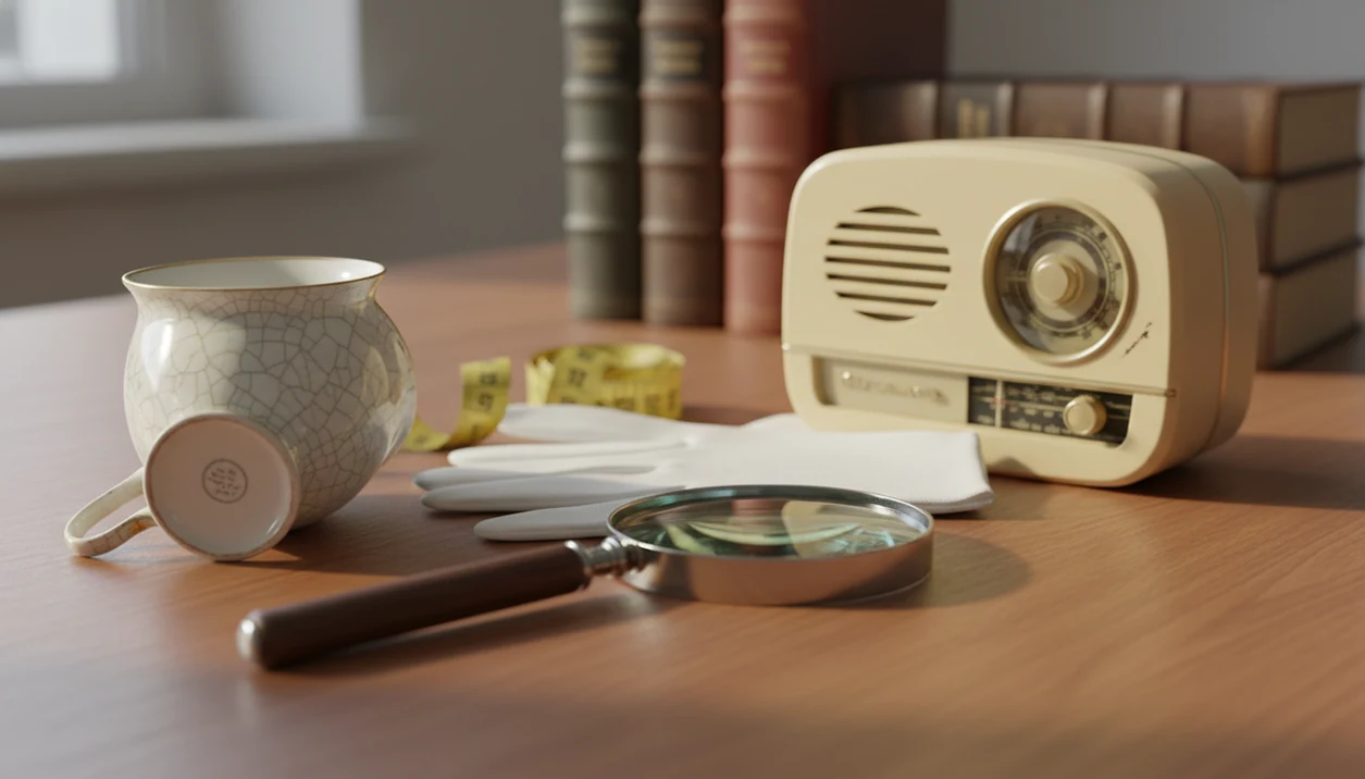 Antique porcelain and vintage radio on an appraisal table with a magnifying glass and research tools.