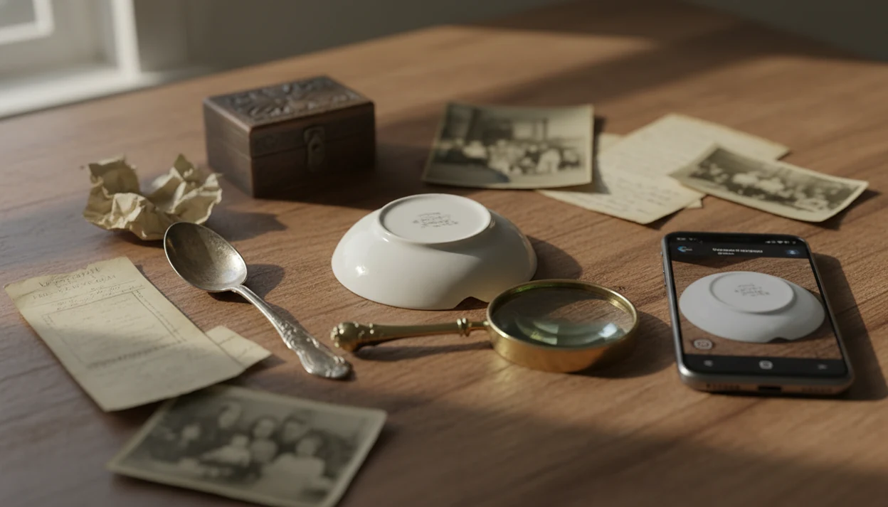Antique objects, photos, records, and a phone arranged for researching an heirloom’s history.