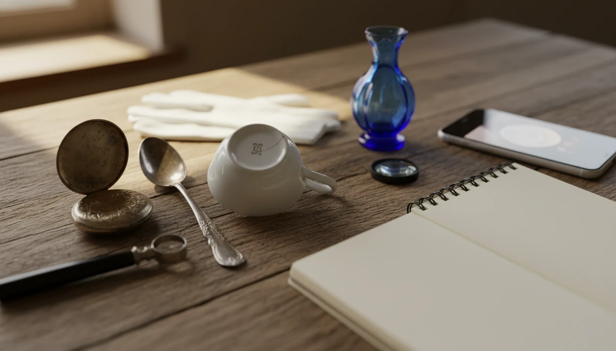 Vintage objects and a phone are arranged on a table for antique identification research.