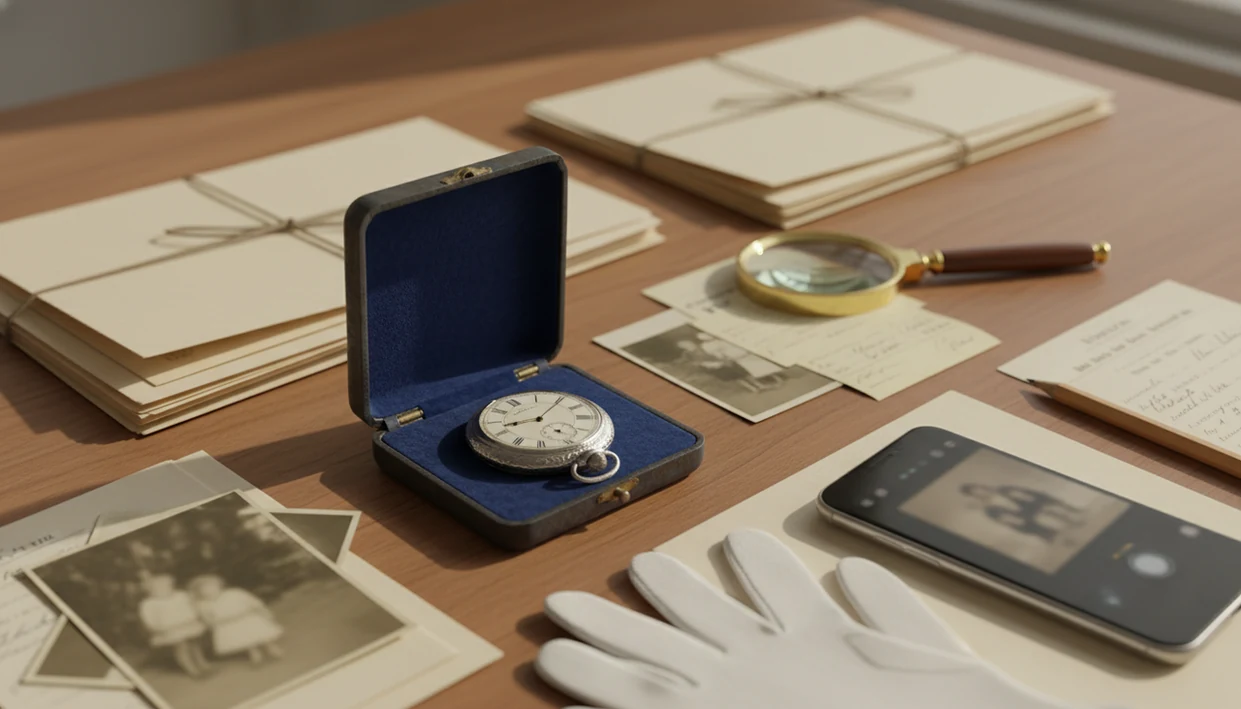 An antique pocket watch sits with photos, receipts, gloves, and research notes in an organized provenance file.