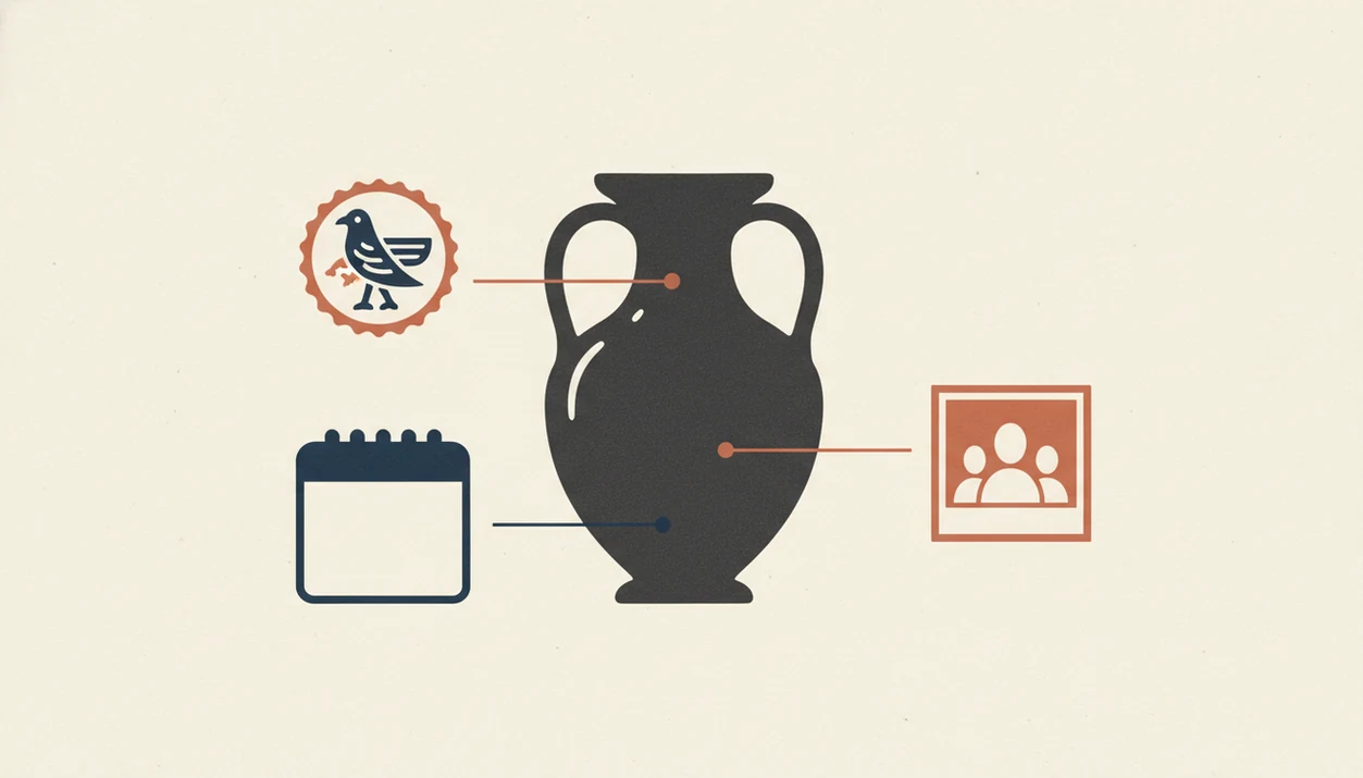 A clean evidence map links an antique vase to maker mark, date, and owner clues without text.